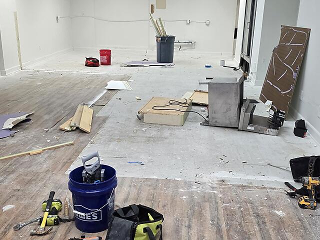 Room mid-demolition, prepped for remodel